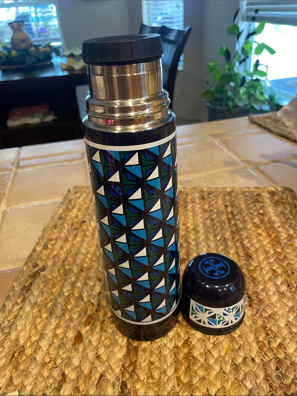 Tory Burch Navy, Teal & White Geometric Stainless Steel Thermos